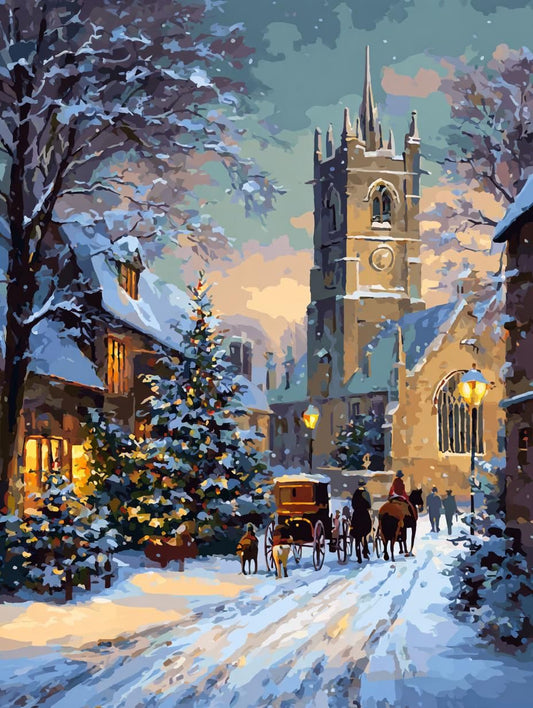 A snowy village scene with a church tower, a horse-drawn carriage, and a Christmas tree, all illuminated by warm lighting.