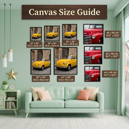 The image is a living room with a green sofa and a wall displaying a canvas size guide for various car sizes. The guide provides measurements for different car sizes, including a yellow car, a red car, and a white car.