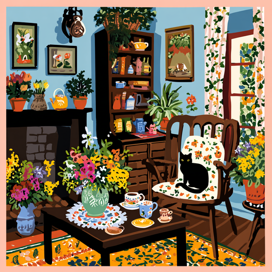 A cozy living room with a fireplace, a wooden chair with a cat, a table with flowers, and various decorative elements such as potted plants and vases.
