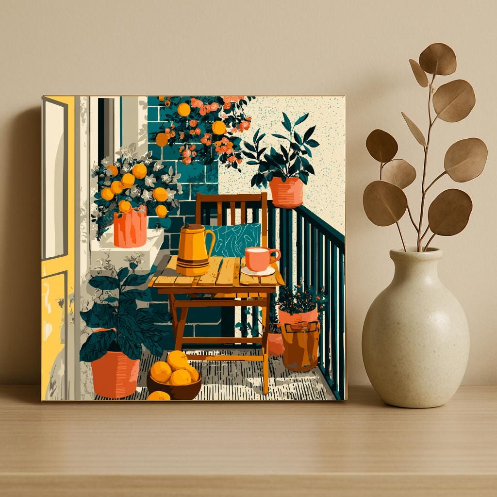 a cozy and inviting outdoor space with a wooden table, chairs, potted plants, and a vase of flowers.