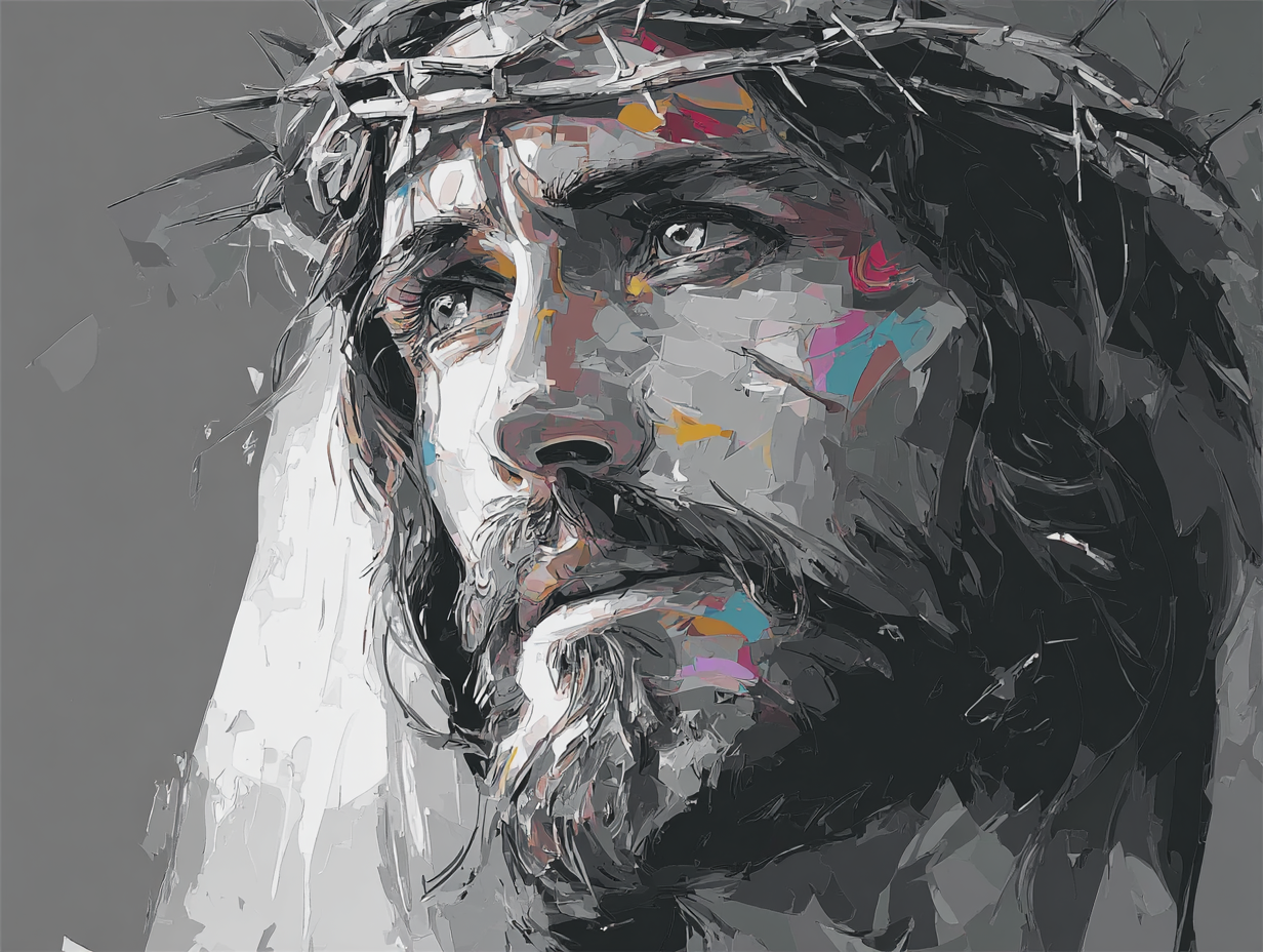 a close-up of a man's face, with a crown of thorns on his head and a serious expression on his face.