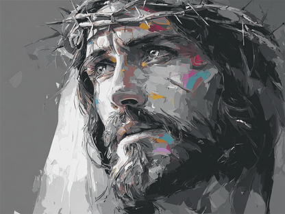 a close-up of a man's face, with a crown of thorns on his head and a serious expression on his face.