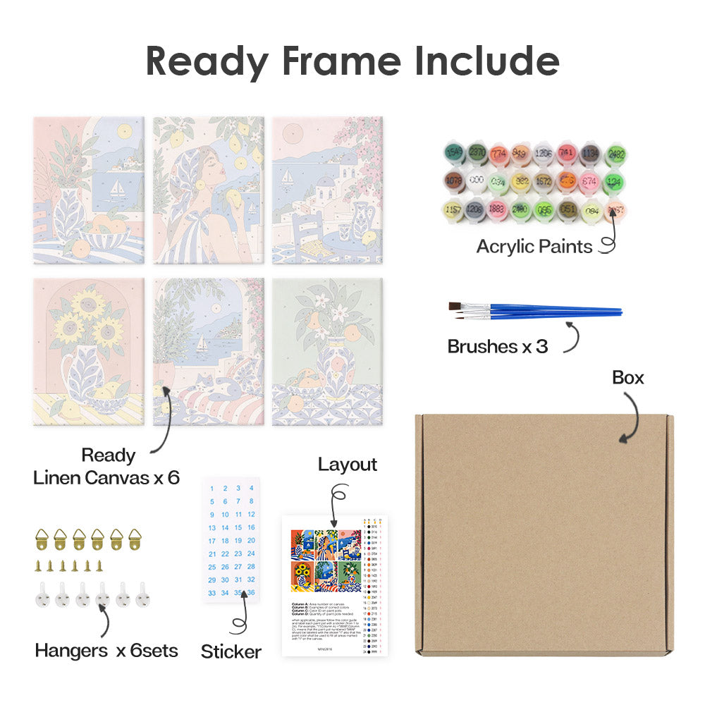 various art supplies and materials, including a ready frame, acrylic paints, brushes, a box, a layout, and a sticker.