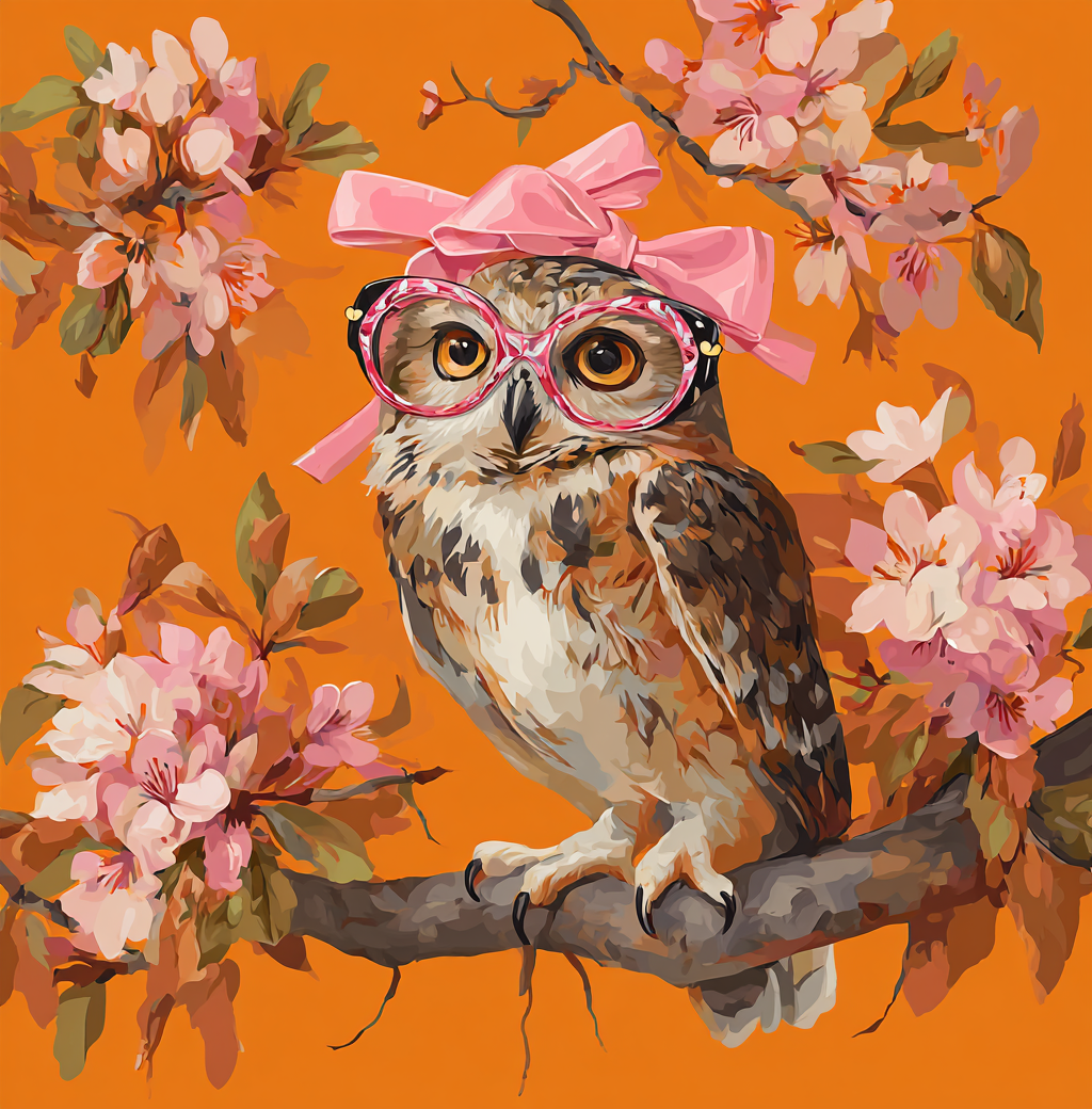 An owl wearing pink glasses and a pink bow sits on a branch with pink flowers against an orange background.
