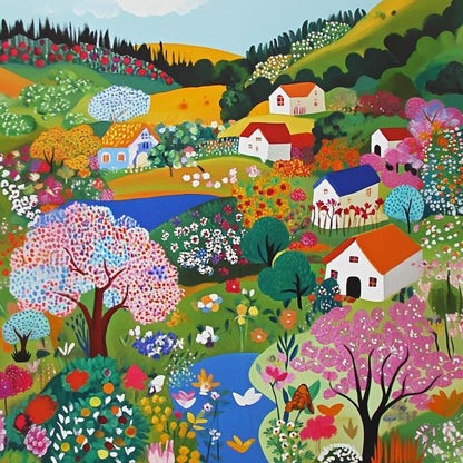 a painting of a landscape with houses and trees