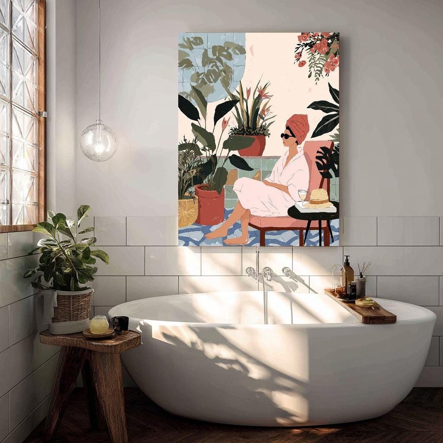 A woman relaxing in a bathtub surrounded by potted plants, with a painting of her in the background.