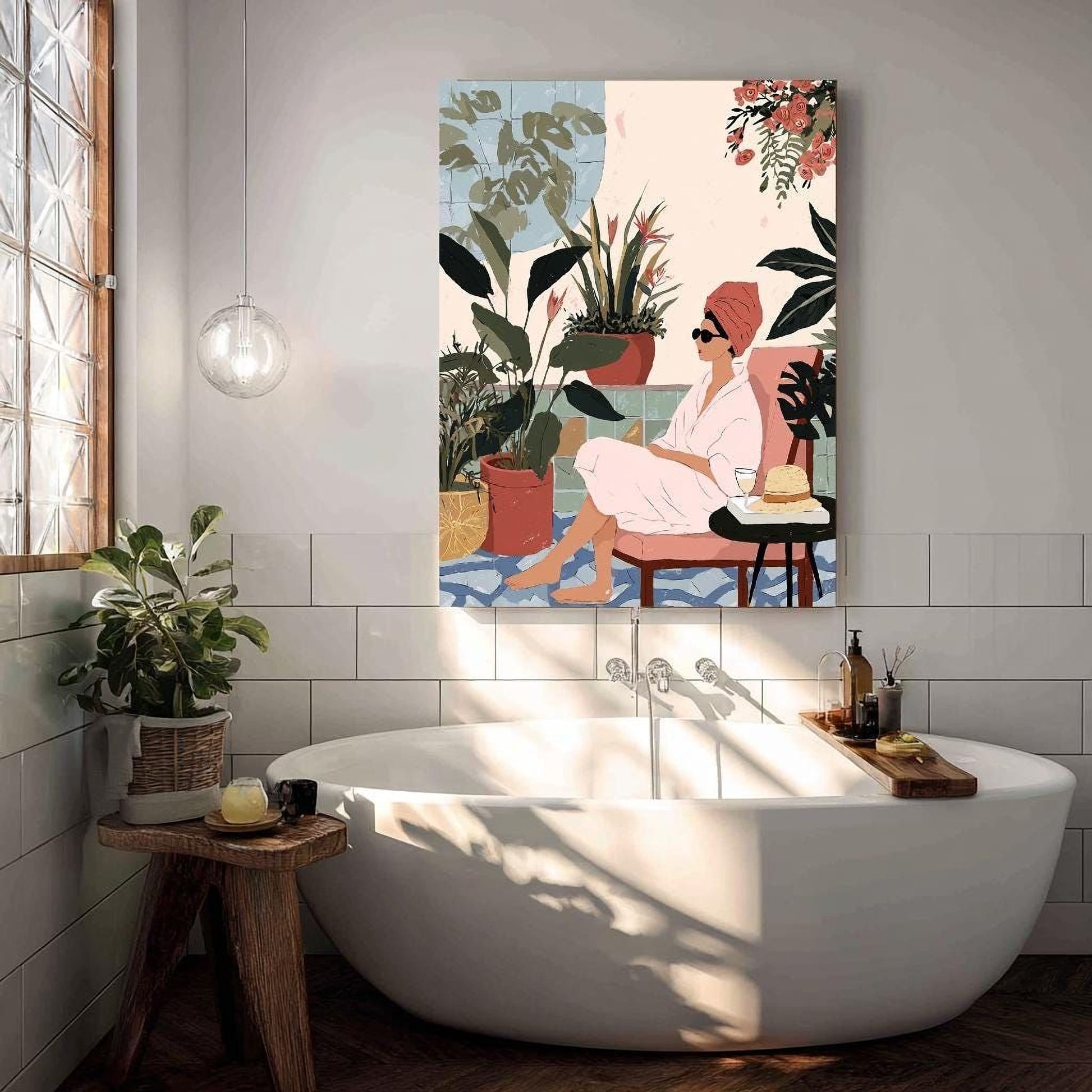 A woman relaxing in a bathtub surrounded by potted plants, with a painting of her in the background.