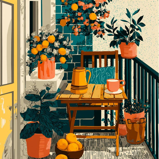 A cozy balcony scene with a wooden table, chairs, potted plants, and a vase of flowers. The table has a pitcher and a bowl of oranges on it. The balcony is decorated with orange plants and flowers, creating a warm and inviting atmosphere.