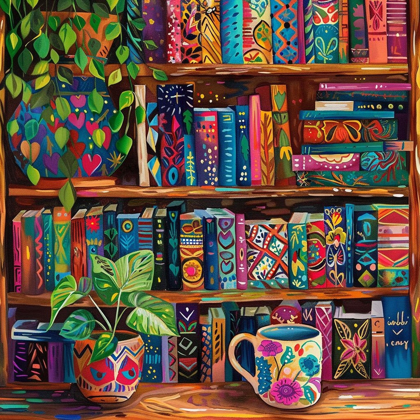The image is a vibrant and colorful painting depicting a bookshelf filled with an array of books, plants, and decorative items.