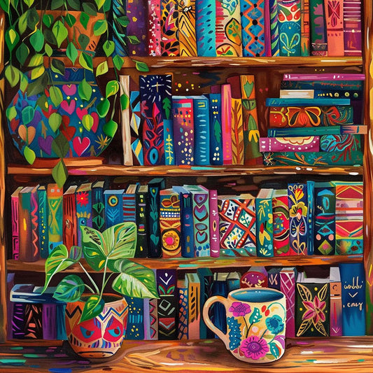 The image is a vibrant and colorful painting depicting a bookshelf filled with an array of books, plants, and decorative items.