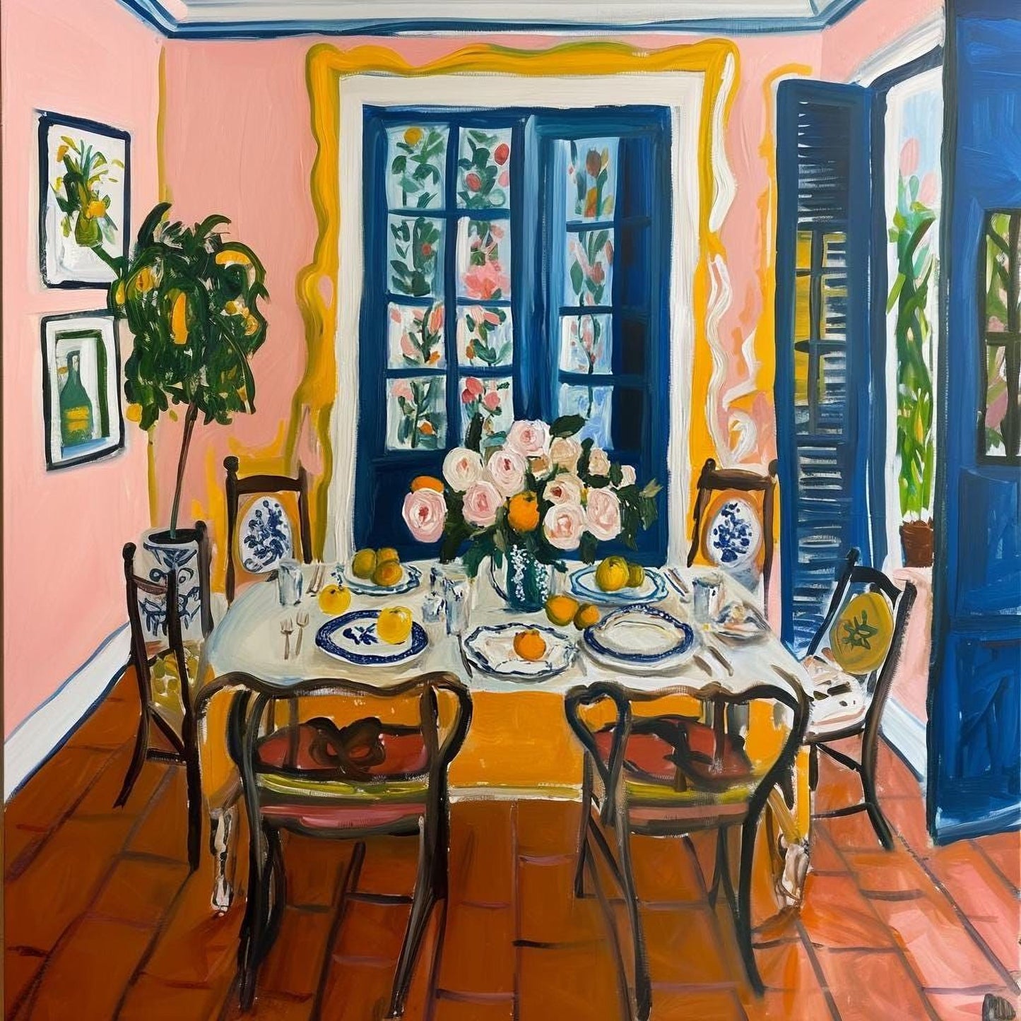 The image is a vibrant and colorful painting depicting a dining room with a table set for a meal, surrounded by chairs and adorned with flowers and fruit.