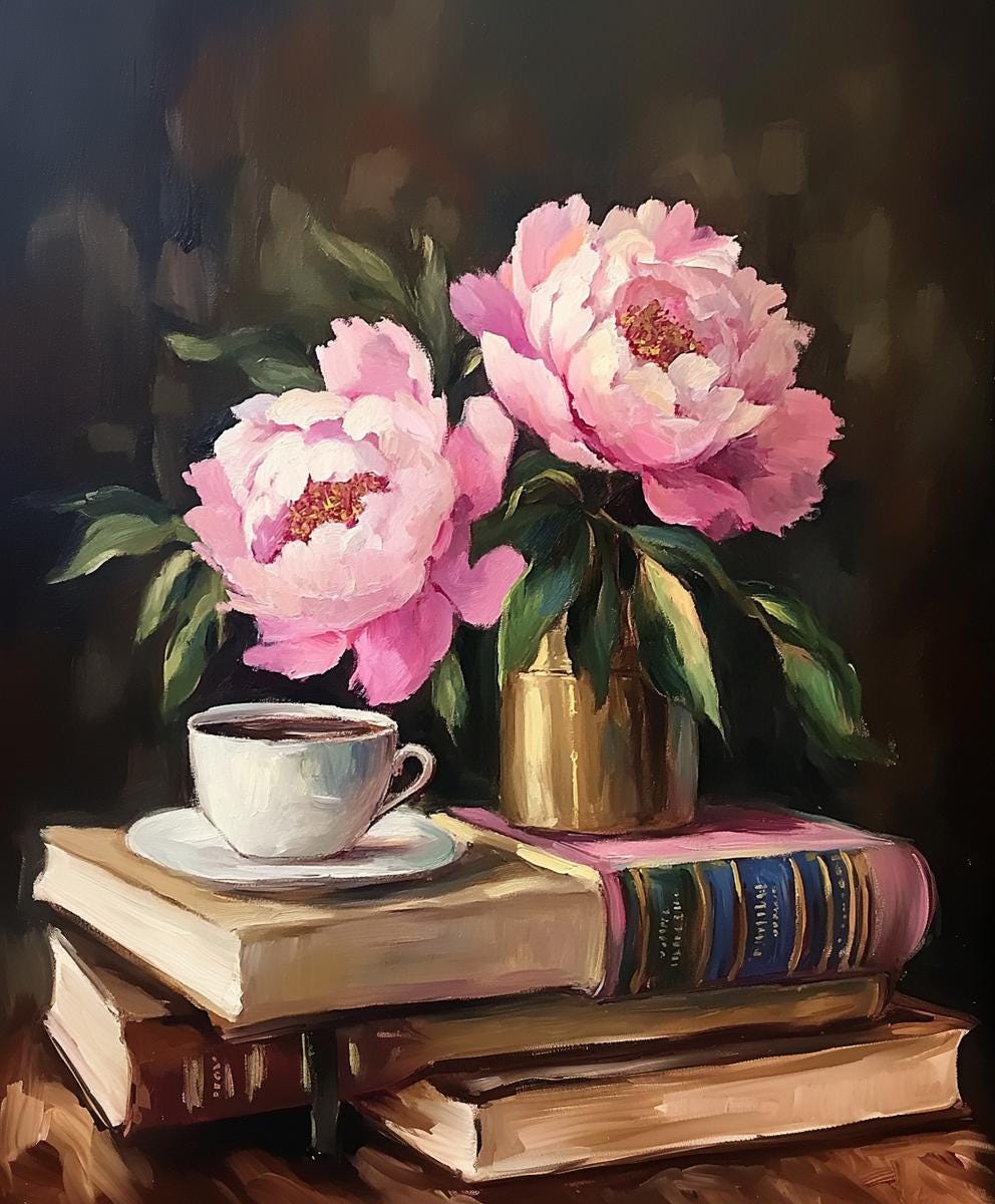 Pink Peonies Flowers coffee books on table