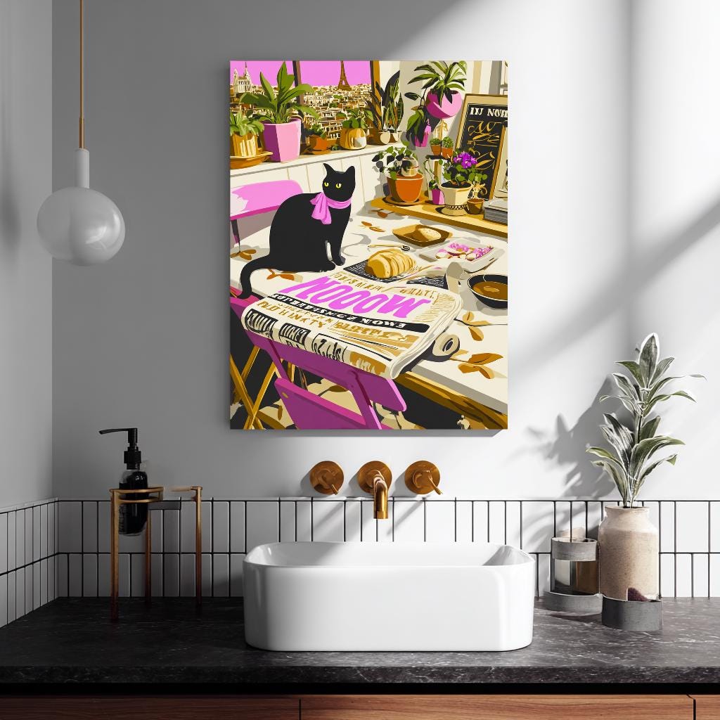 A bathroom interior with a sink, a potted plant, and a cat sitting on a table. The wall has a large painting or poster depicting a cat and various objects, including a newspaper and a sign.