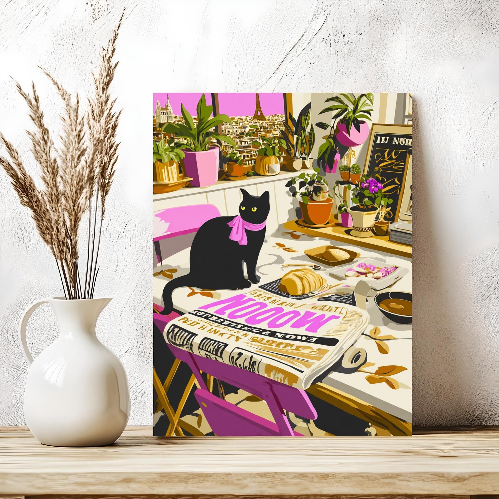 A black cat sitting on a table with various objects, including a vase, a newspaper, and a chalkboard sign.