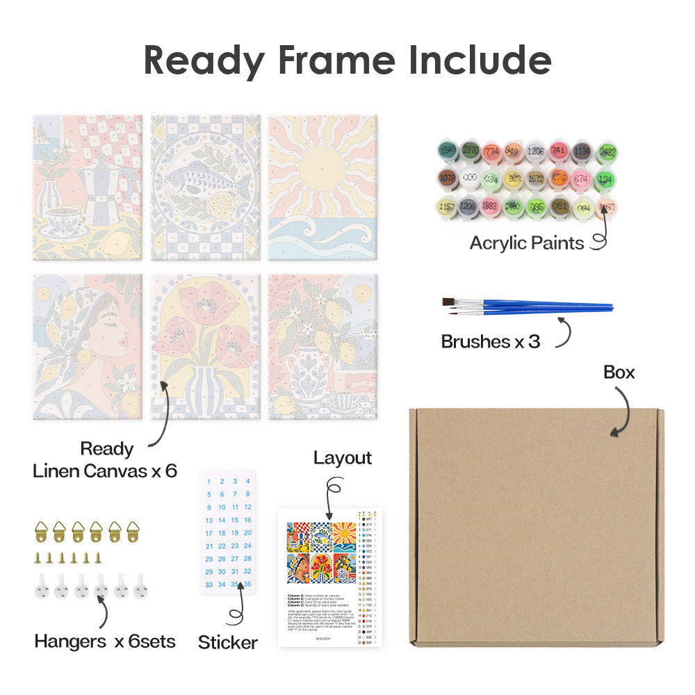 various art supplies and materials, including a ready frame, acrylic paints, brushes, a box, a layout, and a sticker.