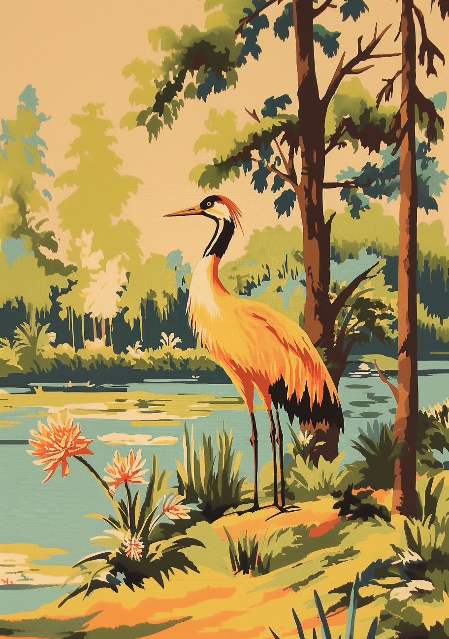 A vibrant illustration depicting a large bird with a long neck and distinctive crest standing on a grassy bank next to a body of water, surrounded by lush vegetation and trees.