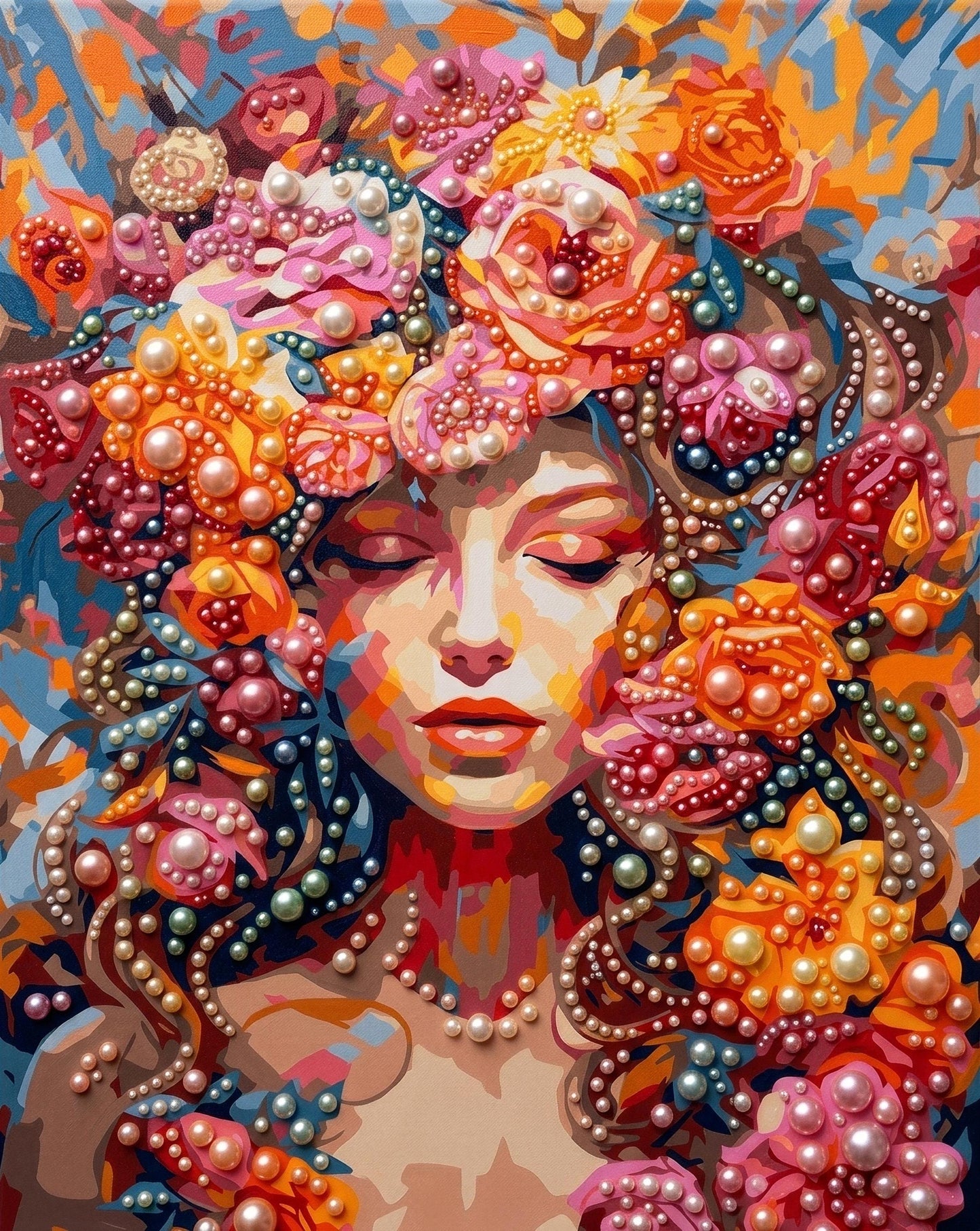 The image is a vibrant and colorful painting depicting a woman's face surrounded by an abundance of flowers and pearls.