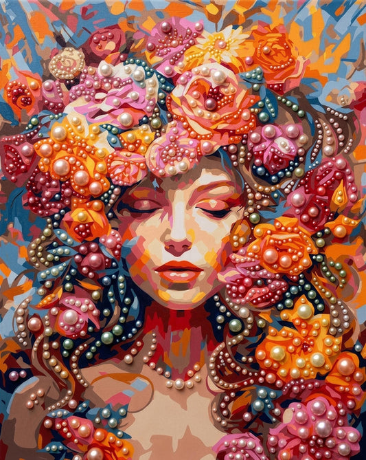 The image is a vibrant and colorful painting depicting a woman's face surrounded by an abundance of flowers and pearls.