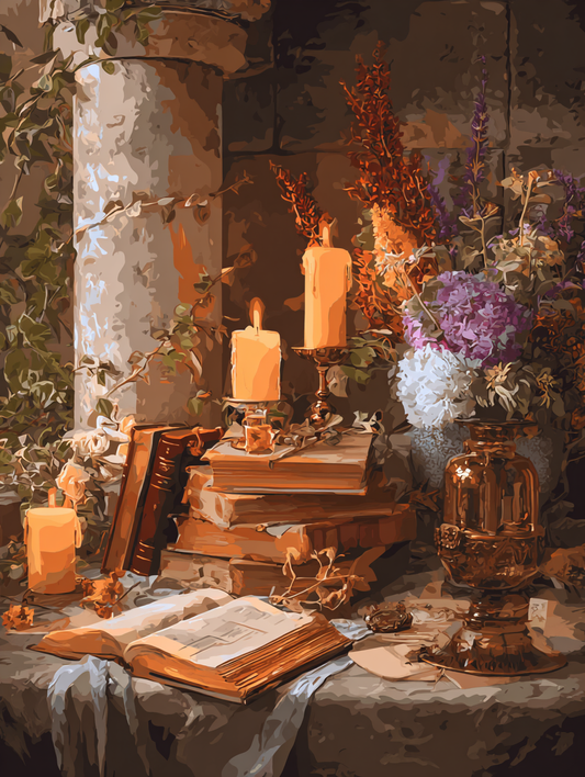 a serene and cozy scene with a table adorned with various objects, including a vase of flowers, a stack of books, and a lit candle.