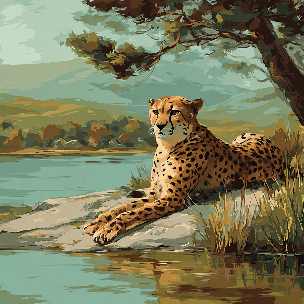 A cheetah rests on a rock by a body of water, surrounded by lush vegetation and a serene landscape.