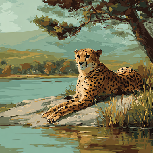 A cheetah rests on a rock by a body of water, surrounded by lush vegetation and a serene landscape.