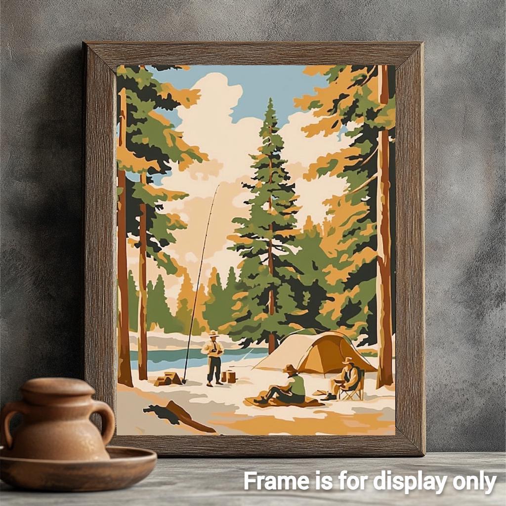 a picture of a camping scene with a campfire and a tent
