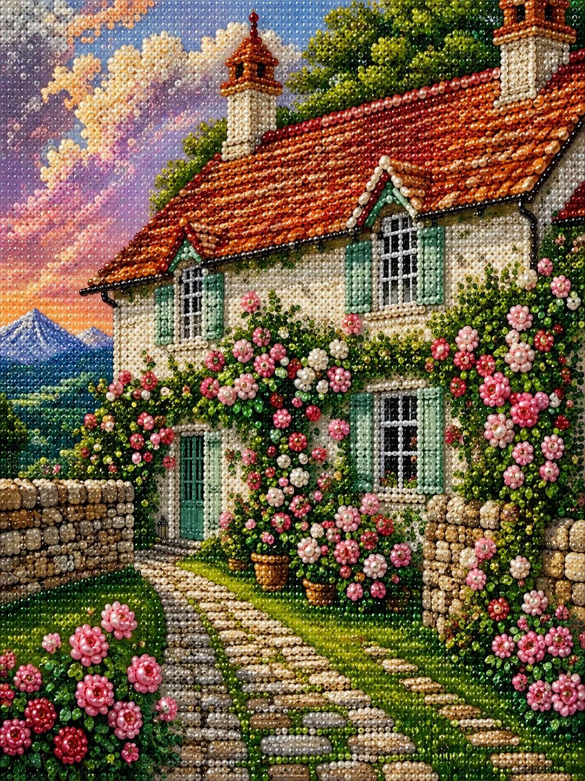 a charming cottage nestled amidst a lush garden, with a stone path leading up to the entrance. The cottage is adorned with vibrant pink and white flowers, and the surrounding garden is filled with a variety of colorful blooms. The sky above is a beautiful canvas of pink and orange hues, creating a picturesque backdrop for the quaint cottage.