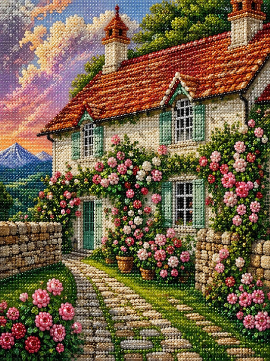 a charming cottage nestled amidst a lush garden, with a stone path leading up to the entrance. The cottage is adorned with vibrant pink and white flowers, and the surrounding garden is filled with a variety of colorful blooms. The sky above is a beautiful canvas of pink and orange hues, creating a picturesque backdrop for the quaint cottage.