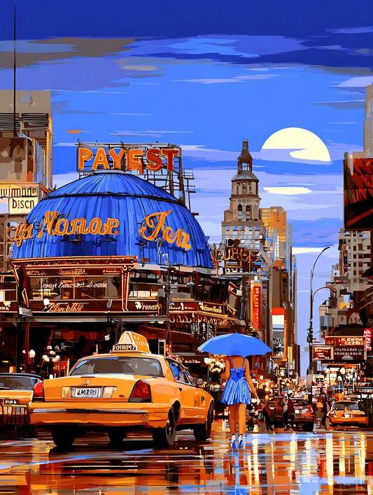 A woman in a blue dress walks down a busy city street at night, holding a blue umbrella, with a yellow taxi cab and a large domed building with a sign that reads "Payest" in the background.