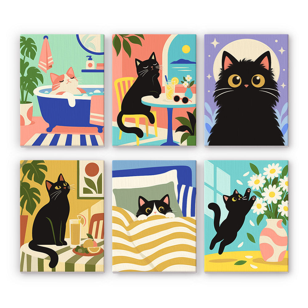 The image is a collage of six colorful illustrations featuring black cats in various settings, including a bathtub, a table with a drink, a cat on a bed, a cat on a windowsill, and a cat jumping off a bed.