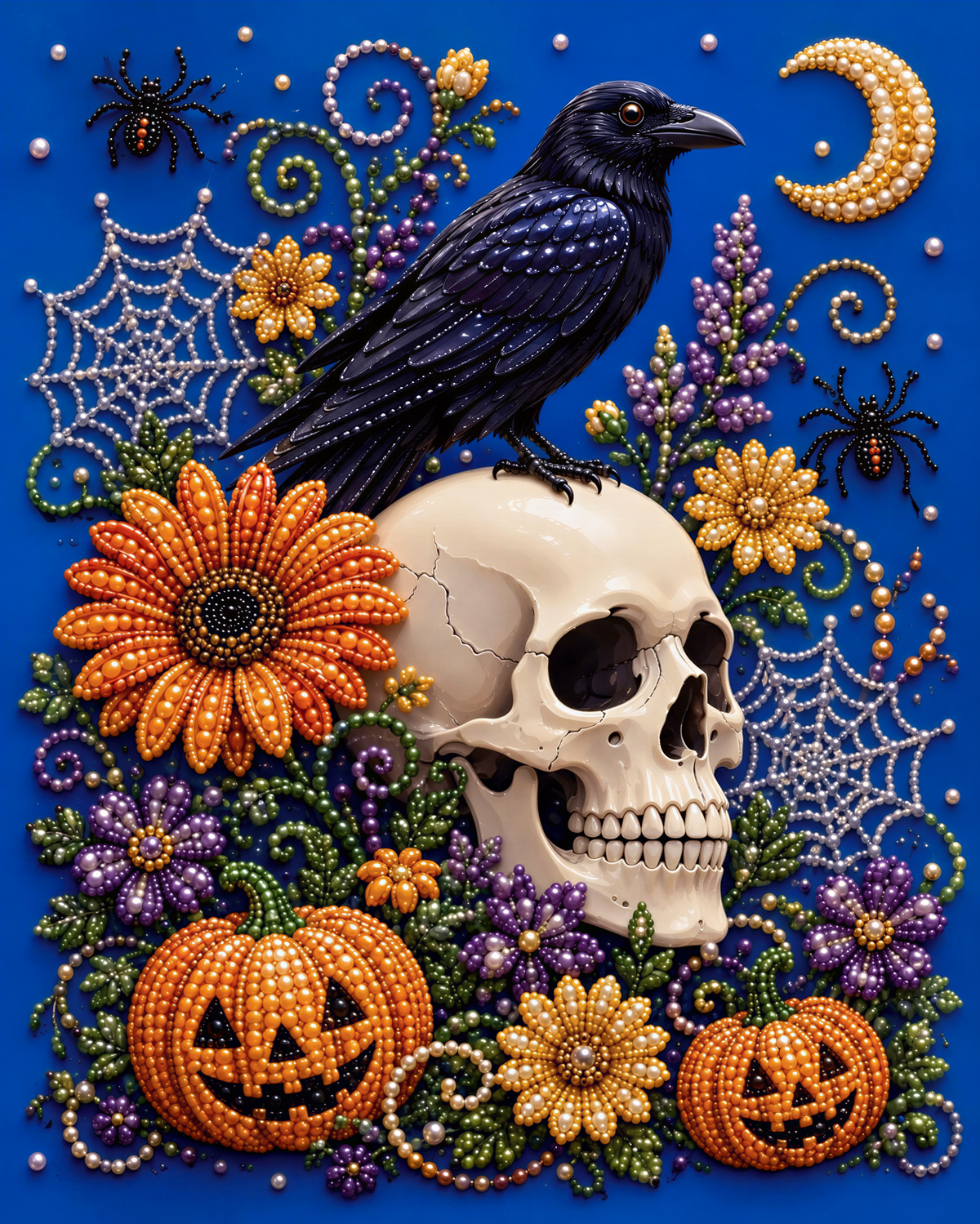 A black crow perches on a white skull, surrounded by a variety of Halloween-themed elements such as flowers, pumpkins, and spiderwebs against a blue background.