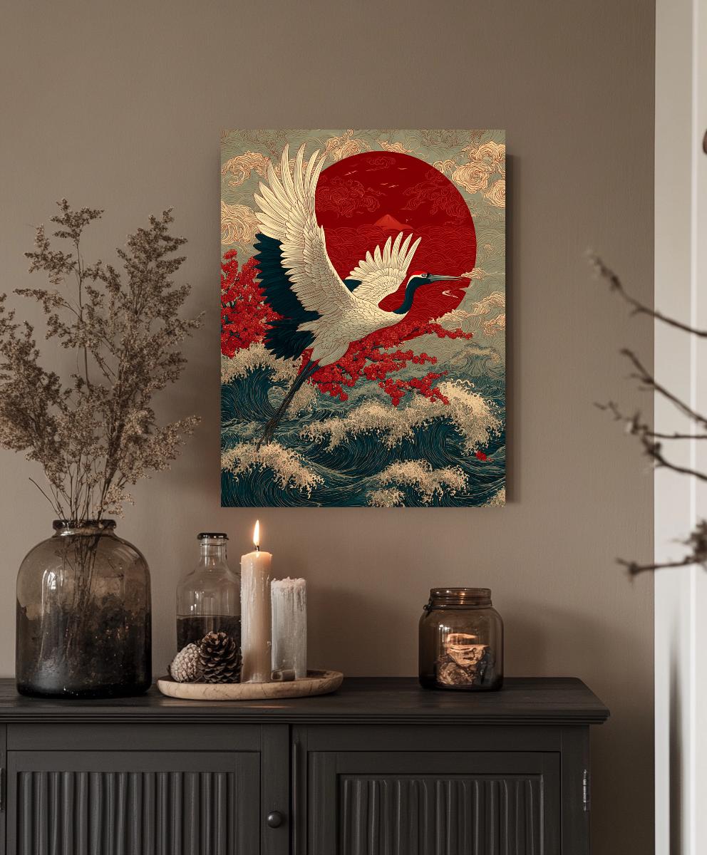 a painting of a bird flying over a body of water