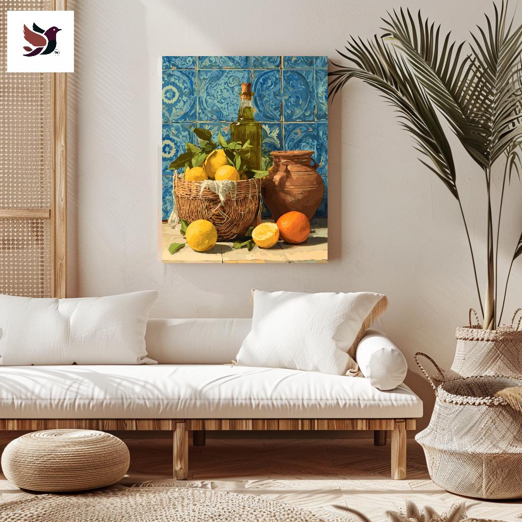 a cozy living room with a white sofa, a woven basket filled with fresh fruit, and a large potted plant. The room has a warm and inviting atmosphere, with a blue tile wall and a painting of fruit as the focal point.