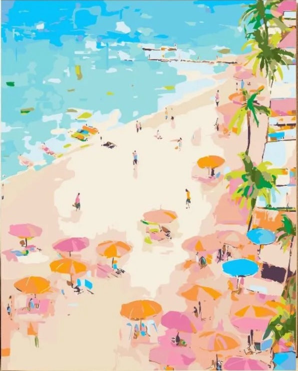 A vibrant and colorful beach scene with numerous umbrellas, people, and palm trees, all set against a bright blue sky.