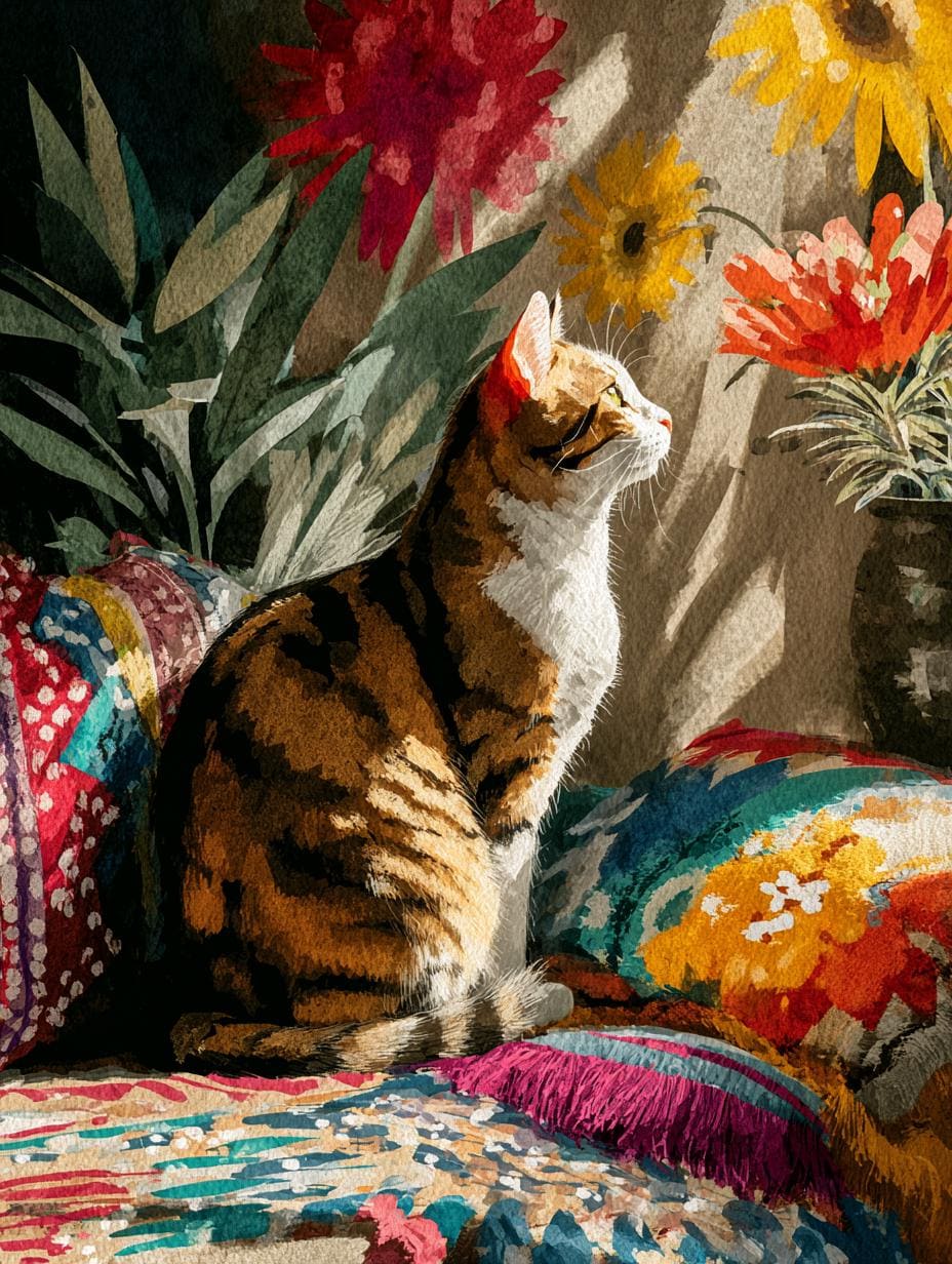 a cat sitting on a couch next to a vase of flowers