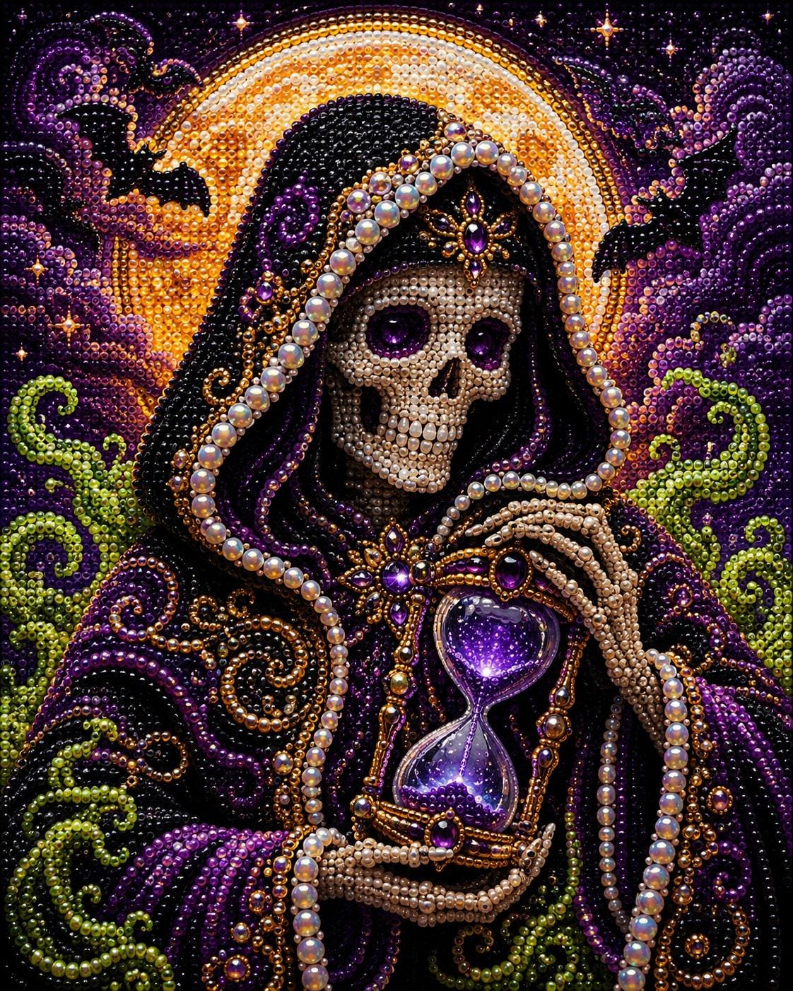 The image is a highly detailed and intricate bead art piece featuring a skull-like figure holding a purple hourglass. The figure is adorned with ornate jewelry and a hooded cloak, creating a striking and visually captivating piece.