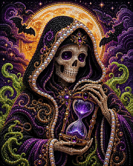 The image is a highly detailed and intricate bead art piece featuring a skull-like figure holding a purple hourglass. The figure is adorned with ornate jewelry and a hooded cloak, creating a striking and visually captivating piece.