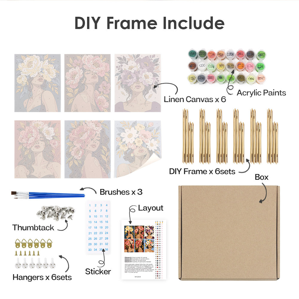 various DIY frame and art supplies, including a DIY frame kit, acrylic paints, brushes, a box, and a sticker.