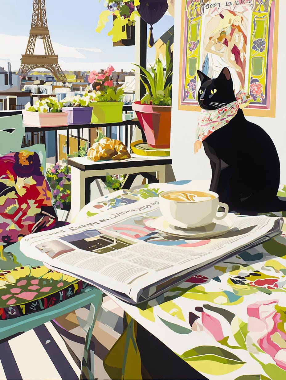 A black cat sits on a table with a newspaper, coffee cup, and flowers, with the Eiffel Tower visible in the background.