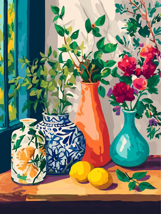 a still life arrangement with three vases of different colors and shapes, along with a bunch of flowers and two lemons on a table.