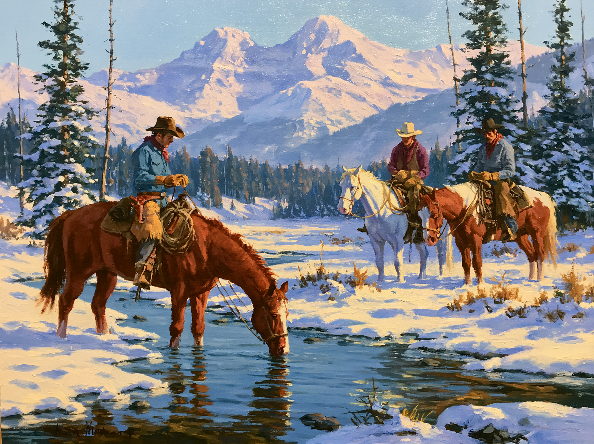 three cowboys on horseback in a snowy landscape, with two horses drinking from a stream and one horse standing nearby.
