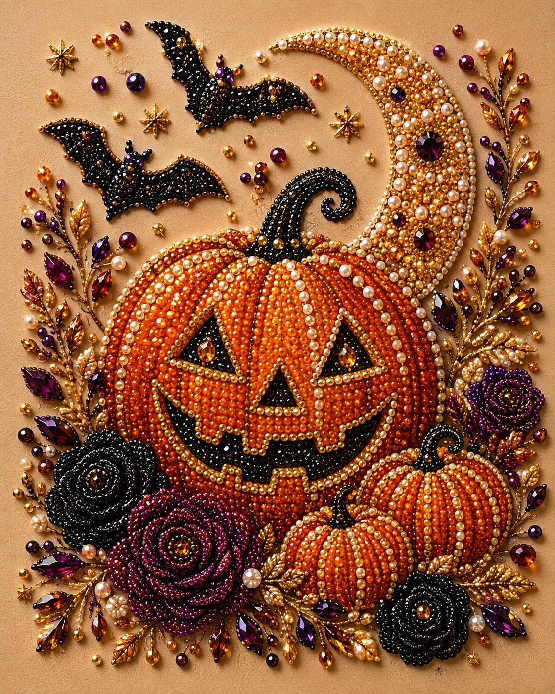 The image is a Halloween-themed collage featuring a carved pumpkin with a carved face, surrounded by bats, flowers, and a crescent moon.