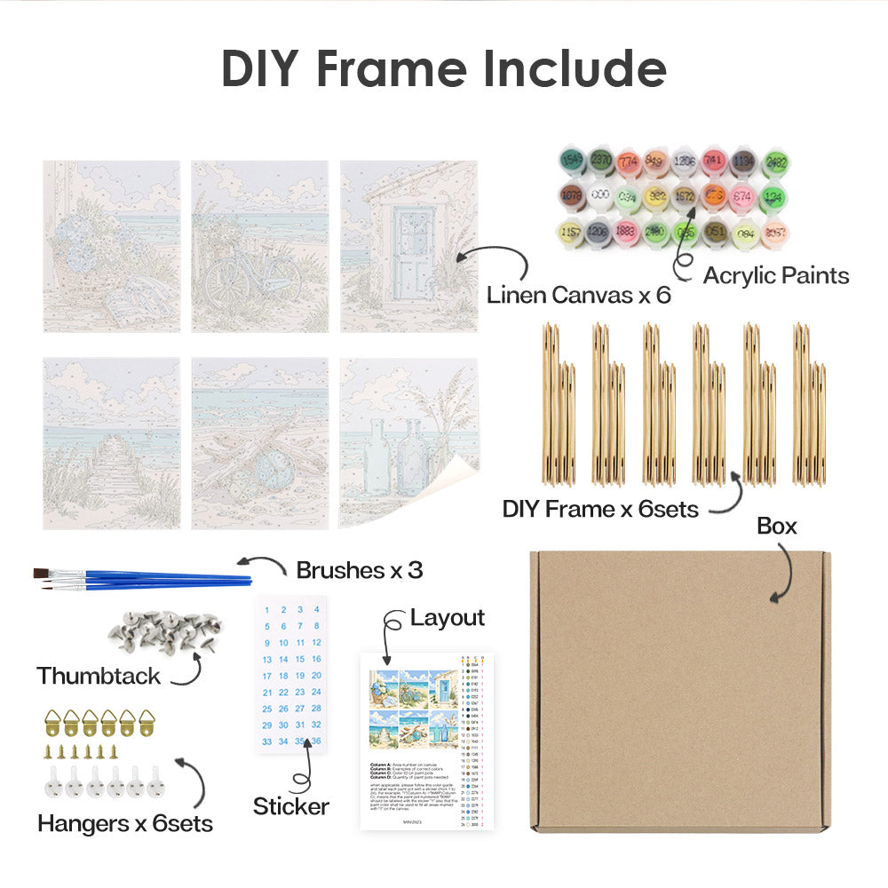 various DIY frame and art supplies, including a linen canvas, acrylic paints, brushes, a DIY frame kit, a box, and a sticker.