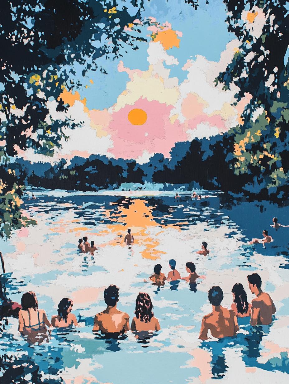 a painting of a group of people swimming in a river