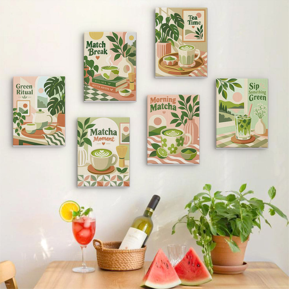 a wall adorned with six vibrant posters of matcha lattes, each with a unique design and illustration. The posters are arranged in a grid pattern, creating a visually appealing display. In front of the wall, there is a table with a basket, a bottle of wine, and a glass filled with a refreshing drink. The table also has a potted plant and a vase, adding a touch of greenery and elegance to the scene.