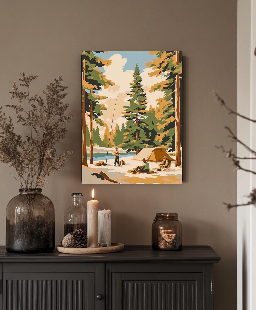 a painting on a wall above a cabinet