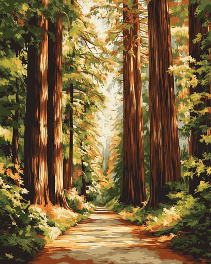 a serene forest path winding through a dense, lush environment with towering trees and vibrant foliage.