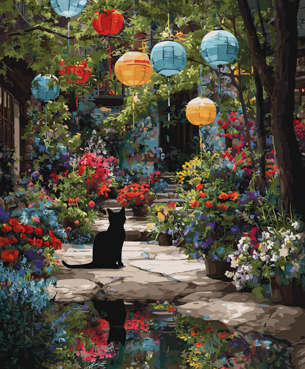 A black cat sits on a stone path in a lush garden, surrounded by vibrant flowers and hanging lanterns.