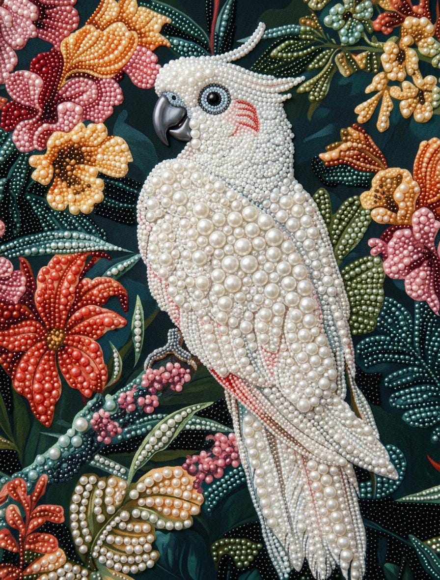 a detailed and intricate embroidered parrot, composed of numerous small pearls arranged in a striking pattern. The parrot is surrounded by a vibrant array of colorful flowers and leaves, creating a visually captivating and detailed piece of art.