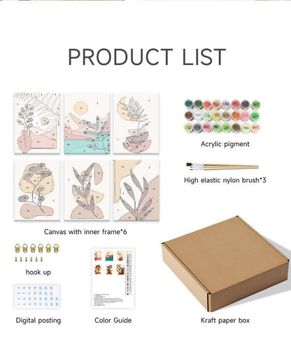 The image is a product list for a painting kit, including a canvas with an inner frame, acrylic pigment, a high elastic nylon brush, a hook-up, a digital posting guide, a color guide, and a Kraft paper box.